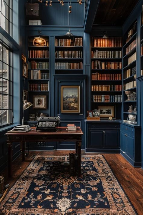 Dark Academia Blue, Dark Blue Office, Color In Interior Design, Dark Maximalist, Dark Maximalism, Dark Academia Room Ideas, Blue Library, Blue Bookshelves, Dark Academia Room