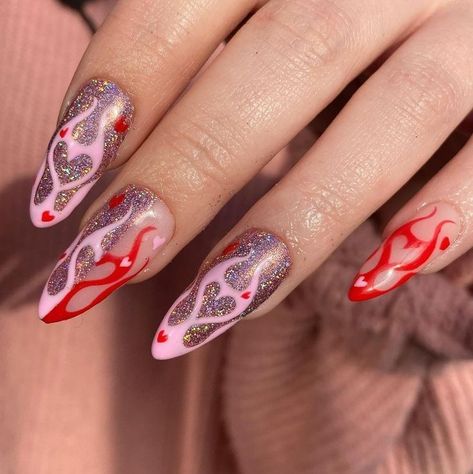 20 Valentine's Day Nail Art Ideas |2023 Nail Design Glitter, Grunge Nails, Simple Acrylic Nails, Heart Nails, Fire Nails, Glitter Nail Art, Funky Nails, Valentine's Day Nails, Valentines Nails