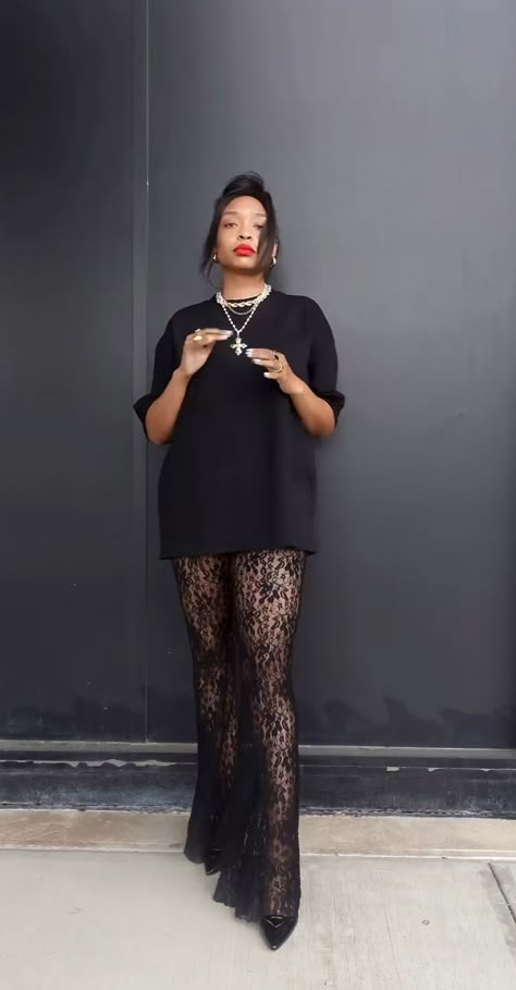 40th Birthday Looks For Women, Sheer Trousers Outfit, Sheer Lace Pants Outfit, All Black Summer Work Outfits, 30th Birthday Brunch Outfit, Business Punk Fashion, Black With A Pop Of Color Outfits, Dinner Party Casual Outfit, Date Night Movie Outfit