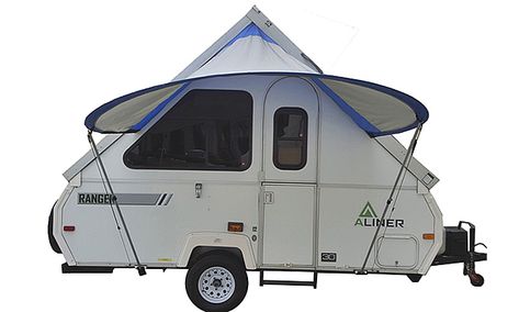 The PahaQue Visor quickly and easily attaches to the folding side wall of your trailer. Aliner Campers, Camper Trailer Tent, Mini Campers, A Frame Trailer, A Frame Camper, Rv Redo, Hiking Ideas, Aluminum Awnings, Camper Awnings