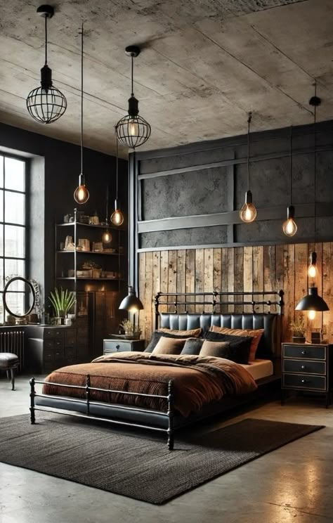 Wood Lamps Bedroom, Concrete Floor Black Walls, Small Bedroom Industrial Style, Old World Industrial Decor, Industrial Feminine Bedroom, Modern Black And Wood Bedroom, Industrial Shelving Bedroom, Black Walls And Ceiling Bedroom, Small Industrial Bedroom Ideas