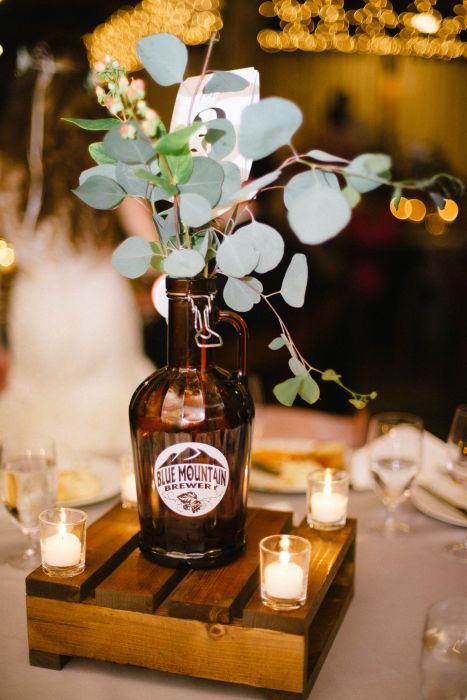 Retirement Centerpieces, Growler Centerpiece, Peach Hypericum, Beer Wedding, Wedding Motifs, Hypericum Berries, Brewery Wedding, Unique Wedding Flowers, Wedding Floral Centerpieces