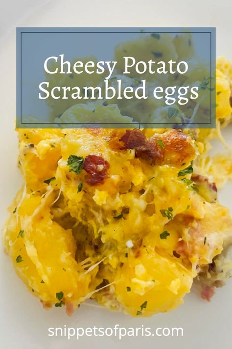 This sumptuously cheesy potato egg scramble recipe makes an excellent savory breakfast or an easy lunch or dinner. Cheesy Eggs Scrambled, Eggs And Potatoes Recipes, Potato And Eggs Breakfast, Potato Egg Scramble, Potato Egg Recipes, Scrambled Egg Bake, French Dinners, Easy Scrambled Eggs, Classic Meals