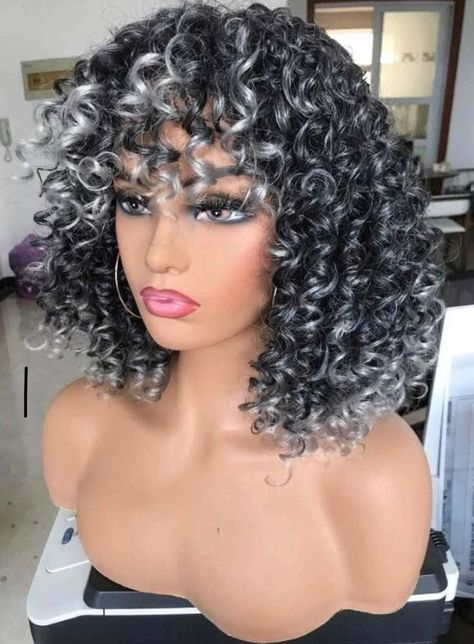 Grey Bangs, Red Curly Wig, Wig Design, Bangs For Black Women, Gray Highlights, Short Curly Afro, Grey Wigs, Curly Wig With Bangs, Curly Afro Wig