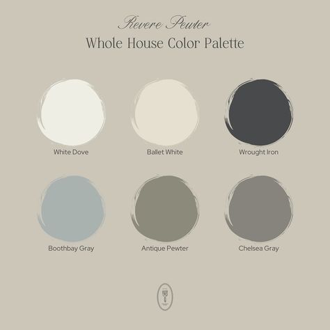 Revere Pewter Whole Home Color Palette Colors That Go Well With Revere Pewter, Revere Pewter Color Palette, Revere Pewter Cabinets, Revere Pewter Coordinating Colors, Whole Home Color Palette, Revere Pewter Kitchen, Bm Revere Pewter, Pewter Benjamin Moore, Coordinating Paint Colors