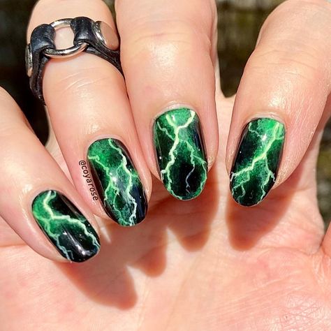 Nicoya Grobman on Instagram: “Atomic Lightning⚡️🔋 . Inspired by @asabree .  These are by far my favorite lightning nails I’ve painted!  I’ve actually been wanting to…” Green Lightning Nails, Lightening Nail Art, Thunderstorm Nails, Lightening Nails, Lightning Nail Art, Emo Nail Art, Emo Nail, Lightning Bolt Nails, Electric Nails