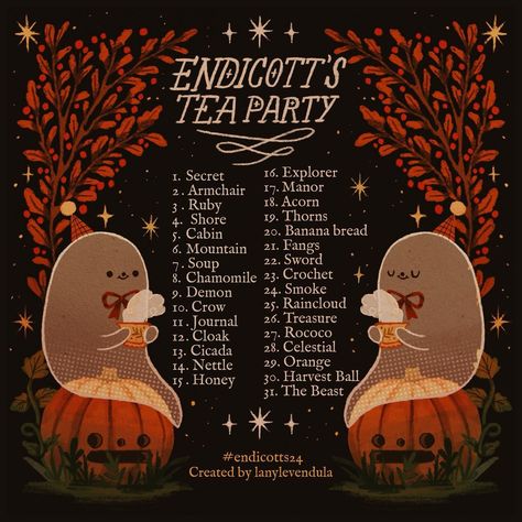 Sara Koczan 🫖🍂🧡 | Endicott’s Tea Party is back again this year! 🎃🌻🍂 Lots of cozy and magical inspired words for you to get creative during the fall season!... | Instagram Flower Fairies Books, October Art, Bunny Names, Autumn Illustration, Drawing Prompt, Fairy Book, Flower Fairies, Chamomile Flowers, Flower Fairy