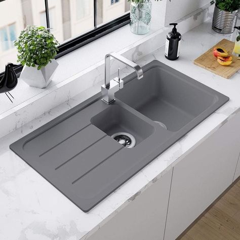 Grey Kitchen Sink, Porcelain Kitchen Sink, Kitchen Sink Styling, Crushed Granite, Porcelain Kitchen, Draining Board, Composite Sinks, Granite Kitchen Sinks, Clean Sink