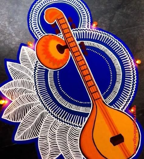 50 New Rangoli Designs (Rangoli Ideas) - October 2019 Veena Painting Art, Rangoli Art Design Drawing, Veena Rangoli Design, Traditional Rangoli Designs Diwali, Veena Painting, Mandala Rangoli Designs Diwali, Veena Drawing, Rongali Design, Mandala Rangoli Designs