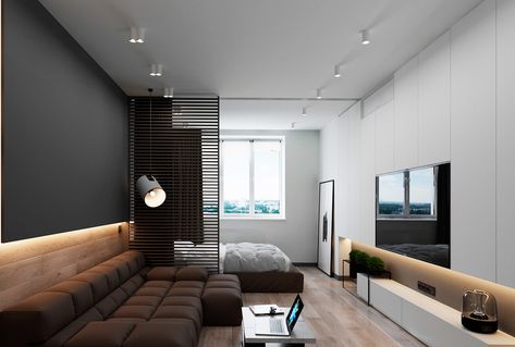 3 Luxury Apartments With Open Plan Bedroom Ideas Idea Bilik Tidur, Reka Bentuk Bilik Tidur, Black Couch, Interior Balcony, Studio Apartment Design, Hiasan Bilik Tidur, Deco Studio, Small Apartment Design, Modern Bedroom Design