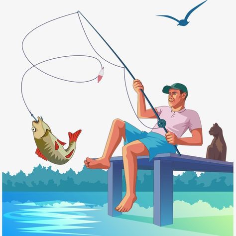 Fishing Character Design, Fisher Man Illustration, Fishing Images Clip Art, Fishing Man Illustration, Fishing Drawing, Over Fishing Illustration, Cowboy Draw, Lake Fish, Fishing Png