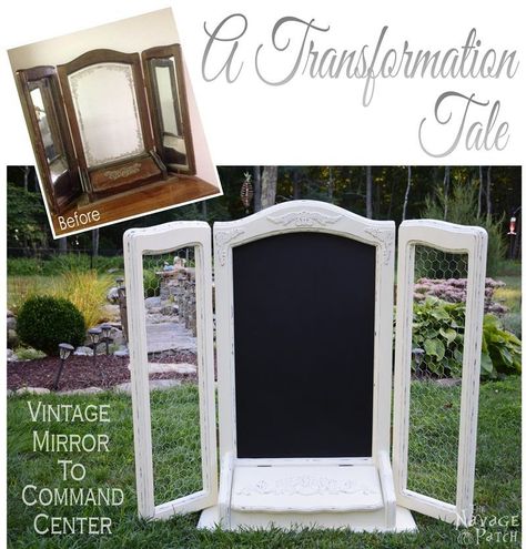 A Transformation Tale – Vintage Mirror to Command Center Diy Command Center, Upcycled Furniture Before And After, Furniture Craft, Homemade Chalk Paint, Furniture Upcycle, Farmhouse Style Furniture, Upcycled Furniture Diy, Trifold Mirror, Budget Decorating