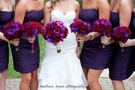 Red Purple Wedding, Purple Bouquets, Purple Wedding Bouquets, Red Bouquet Wedding, Purple Wedding Theme, Wedding Colors Purple, Red Wedding Flowers, Red Bouquet, Purple Dresses