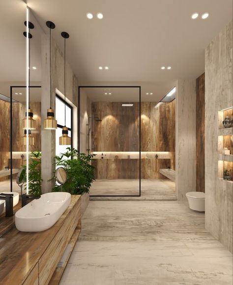 Marble That Looks Like Wood, Oak Wood Home Decor, Modern Wooden Bathroom, Bathroom With Wood And Marble, Modern Rustic Primary Bathroom, Wood Luxury Interior, Lux Master Bath, White Marble Wood Bathroom, White And Wood Bathroom Ideas