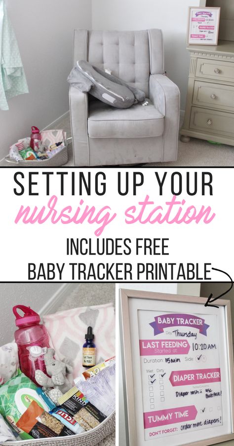 The best way to make nursing stress free on mama- set up a nursing station with a breastfeeding basket! this also has a fun printable baby tracket that comes in both blue and pink Nursery Nursing Station, Nursing Set Up, Nursing Station Organization, Nursing Station Ideas, Bedside Nursing Station, Nursing Caddy Essentials, Nursing Corner In Bedroom, Pumping Station At Home, Breastfeeding Cart Organization