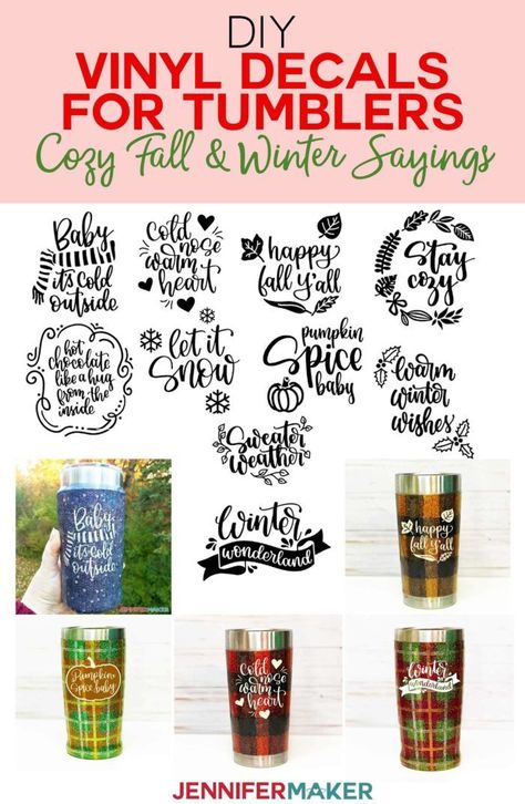 DIY Vinyl Decals for Tumblers: Cozy Fall & Winter Sayings! - Jennifer Maker Christmas Tumblers Vinyl, Winter Sayings, Tumbler Cricut, Diy With Cricut, Cricut Tumbler, Cricut For Beginners, Cricut Projects To Sell, Jennifer Maker, How To Make Glitter