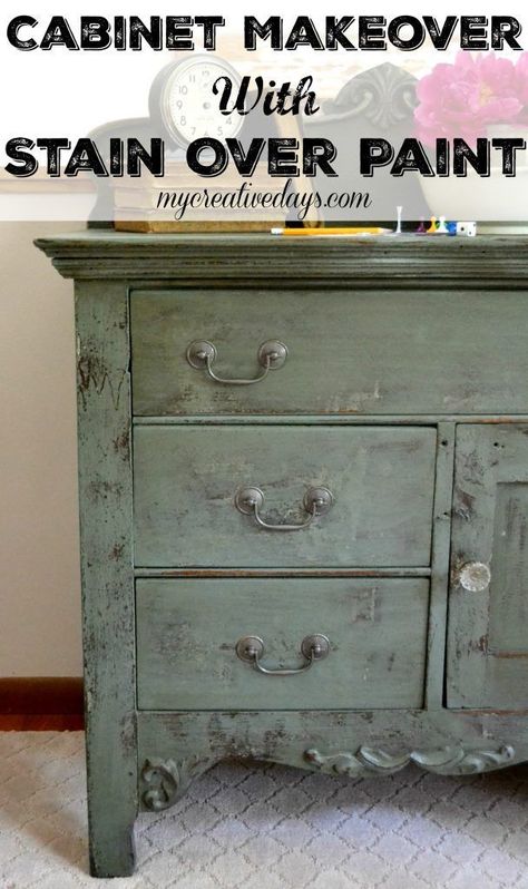 How to Get This Aged Finish by Applying Stain Over Paint - via My Creative Days Wooden Chest Of Drawers Makeover, Painting Over Stained Wood, Stain Over Paint, Stain Furniture, Restoration Hardware Paint, Chest Of Drawers Makeover, Wooden Chest Of Drawers, Painting Antique Furniture, Chalk Painting