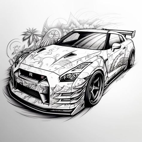 Nissan Gtr Tattoo, Gtr Tattoo, Gtr Drawing, Car Art Drawing, Nissan Gtr 35, Linework Art, Nissan Gtr Nismo, Skyline Tattoo, Skyline Drawing