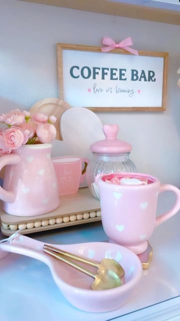 Pink Coffee Station, Coffee Bar Ideas Pink, Pink Coffee Aesthetic, Barbies Dreamhouse, Pink Coffee Bar, Girly Coffee Shop, Coffee Meeting, Dorm Kitchen, Girly Apartments