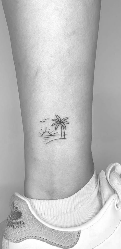 Simple Island Tattoo, Mens Beach Tattoo Ideas, Beach Rib Tattoo, Beach Couple Tattoos, Cuban Tattoos For Women, Small Island Tattoo, Tenerife Tattoo Ideas, Lanzarote Tattoo, Benidorm Tattoo