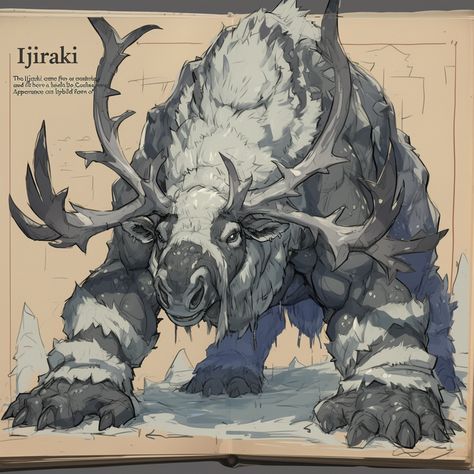 The Ijiraki come from Inuit mythology and identify as mountain spirits, and have a close association with the Caribou.  In one myth, it is said that they came from a woman from a certain tribe who refused to marry those who came to offer her marriage. After some time, the woman's father was angry that she refused to marry, and made her beloved dog serve her as a husband, after which he sent them to live on a desert island. When they ran out of food, the woman would supply her dog with bags and send it to her father for supplies. Winter Monster Art, Inuit Mythology, Horns Art, Bear Monster, Inuit Character Design, Monster Artwork, Mythical Creatures Fantasy, Inuit Art, Beast Creature