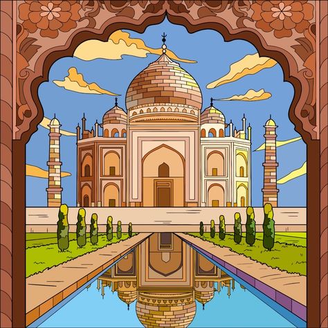 Indian Drawing Ideas Sketch, Indian Architecture Painting, Taj Mahal Sketch, Taj Mahal Drawing, تاج محل, Storyboard Drawing, Architecture Blueprints, Tropical Art Print, Baby Animal Drawings