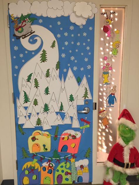 Holiday Office Door Decorations The Grinch Easy Grinch Door Decorations, Grinch Cave Door Decorations, Cindy Lou Who Door Decoration, Grinch Door Decorations For Office, Whoville Christmas Door Decoration, Whoville Door Decorating Contest, Grinch Office Door Decorating Ideas, Whoville Door Decorations For School, The Grinch Door Decorations