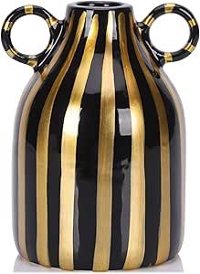 Black and Gold Ceramic Vase with Handle, Nordic Boho Small Vases Side Table Flower Centerpiece, Wide Mouth Single Flower Vase Pampas Grass Decorative - for Home Window Sill Living Dining Room Kitchen Vase Pampas, Single Flower Vase, Nordic Boho, Small Vases, Vase Display, Table Flower, Flower Centerpiece, Home Window, Gold Color Scheme