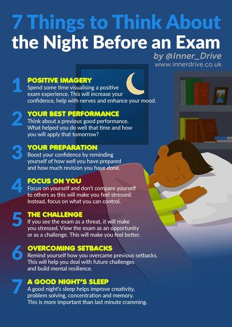 7 Things to Think About the Night Before an Exam (Infograph) Before An Exam, Schul Survival Kits, Studie Hacks, Studera Motivation, Exam Study Tips, Exam Motivation, Exams Tips, Study Techniques, Study Smarter