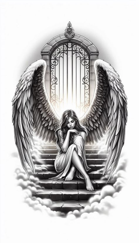 Evil Virgo Tattoo, Angel Back Piece Tattoo, Gabriel Angel Tattoo, Angels Vs Demons Tattoo, Angel Illustration Art, Angel Arm Tattoo, Half Angel Half Demon Tattoo, Gothic Angel Tattoo, Angel Devil Manga