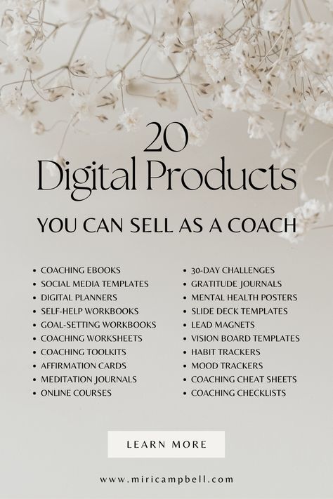 Are you looking to add digital coaching products to your coaching business? Many coaches are now turning to digital products to sell and increase their success. Miri Campbell has been a successful digital coach for many years and has the tools to help you take your coaching business to the next level. Click to read more and begin learning how to create and monetize digital coaching products today! Life Coaching Tips, Life Coaching Aesthetic, Coaching Business Aesthetic, Wellness Business Ideas, Life Coach Content Ideas, Health Coaching Tools, Health Coach Aesthetic, Content Ideas For Life Coaches, Life Coach Aesthetic