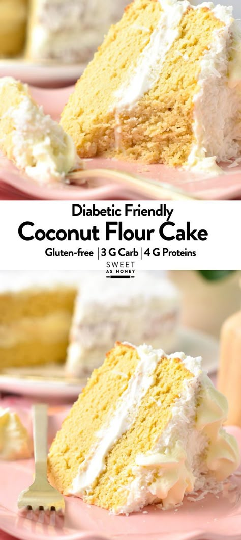 This Coconut Flour Cake is a moist, fluffy gluten-free, low-carb birthday cake for coconut lovers. You will love its light coconut crumb filled with vanilla frosting. Coconut Flour Banana Cake, Coconut Flour Cakes Recipes, Recipes Using Coconut Flour Baking, Keto Coconut Flour Cake Recipes, Carb Free Cake, Coconut Cake Healthy, Monkfruit Cake Recipes, Low Carb Cakes Recipes, Gluten Free Pineapple Coconut Cake