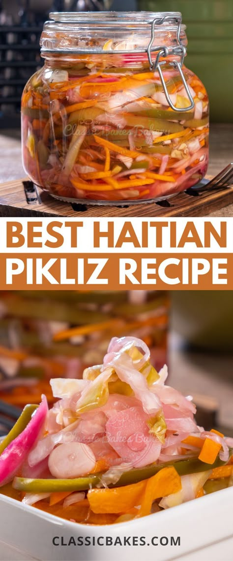 Haitian Side Dishes, Haitian Picklese, Haitian Recipes Authentic, Haitian Sauce Recipe, Haitian Oxtail Recipe, Haitian Pikliz Recipe, Pikliz Recipe Haiti, Haitian Snacks, Haitian Legume Recipes