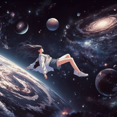 #galaxias #espacio #planeta #flotando #estrellas Space Girl Aesthetic, Space Poses, Space Pfp, Space Anime, Solar System Print, Space Princess, Space Drawings, Floating In Space, Space Illustration