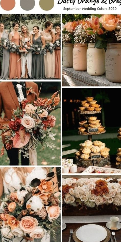 first wedding #wedding #weddingdecor #weddingideas Orange Grey Wedding, September Wedding Colors, Fall Wedding Color Schemes, Rustic Wedding Colors, Dusty Orange, Wedding Color Scheme, Fall Wedding Color Palette, Wedding Color Combos, Wedding Themes Fall