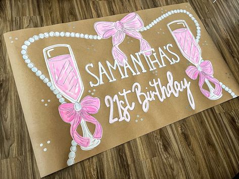 Bows and pearls! How cute🫶🏼💗🌟 • • • @thewavypaintbrush design. Do not replicate. #banner #banners #brownpaperbanner #bows #pink #pearls Bows And Pearls Birthday Theme, 19th Birthday Banner, 21st Birthday Banner Painted, Bow Birthday Party Ideas, Bow Banner, 21st Birthday Shot Book, Bday Banner, Bows And Pearls, Painted Banners