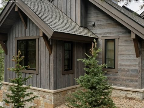 Dark Gray Log Cabin Exterior, Gray Cabin Exterior, Board And Batten Ranch House Exterior, Maibec Siding House Colors, Exterior Cabin Color Schemes, Rustic Siding Exterior, Brown Home Exterior, Exterior Cabin Colors, Cabin Exterior Color Schemes