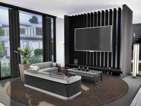 The Sims 4 Living Room Ideas, The Sims 4 Living Room, Sims Living Room, Sims 4 Penthouse, Black Modern House, Sims 4 Living Room, Sims 4 Modern House, Living Room Sims 4, Sims 4 Interior