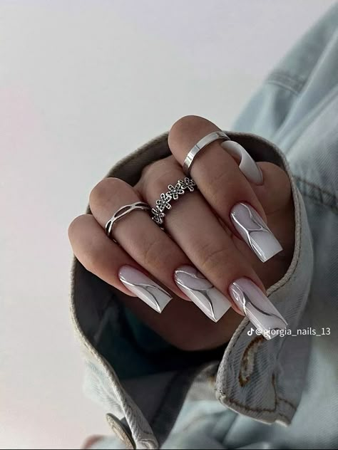 Carcase Iphone, Paznokcie Hello Kitty, White Coffin Nails, Silver Nails, Fire Nails, Chic Nails, Pretty Acrylic Nails, Matte Nails, Best Acrylic Nails