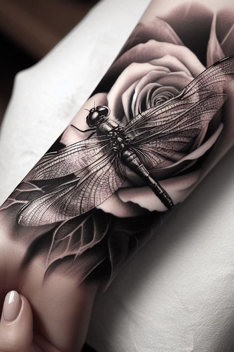 Dragonfly With Rose Tattoo, Rose And Dragonfly Tattoo, Mens Dragonfly Tattoo, Tattoo Ideas Female Dragonfly, Ladies Arm Tattoo Ideas, Lady Tattoos For Women, Ladies Sleeve Tattoo Ideas, Minimalist Wrist Tattoo, Tattoo Ideas Women Arm