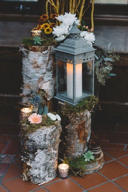 Rustic-chic decor idea - white birch wood stumps with green moss, silver candle votives, flowers, and a gray lantern. Willowdale Estate, a weddings and events venue north of Boston, Massachusetts. WillowdaleEstate.com | Leona Campbell Photography Wood Stumps Wedding, Birch Wood Decor Ideas, Birch Wood Wedding Decor, Birch Tree Wedding Decor, Birch Decorations, Birch Wood Decor, Birch Wedding Decor, Birch Decor, Willowdale Estate