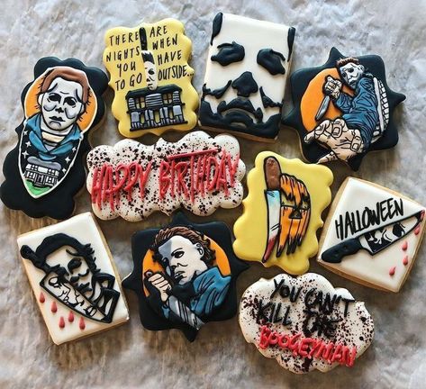 Killer Cake, Halloween Decorated Cookies, Creepy Cookies, Baking Halloween, Comic Christmas, Horror Cake, Horror Themed Party, Halloween Deserts, Movie Cakes