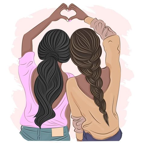 Stylish girlfriends or two sisters show with hands heart view from the back, friendship concept, fashion vector illustration, art, postcard, poster, interior design, textile print. Sisters Illustration Two, Sister Illustration Art, Friends Illustration Art Friendship, Two Sisters Drawing, Friendship Illustration Art, Girlfriends Illustration, Two Sisters Photography, Two Sisters Painting, Friendship Drawings