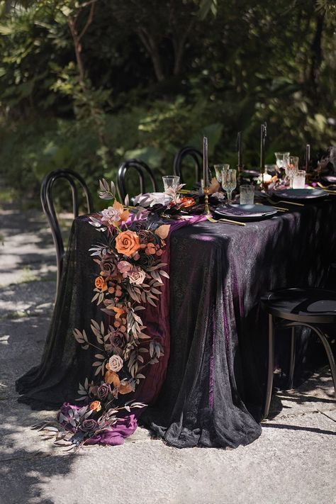 Dark Outside Wedding Theme, Gothic Aisle Decor, Rustic Gothic Wedding Decorations, Witch Wedding Ideas Decor, Gothic Reception Ideas, Dark Flower Centerpieces, Moody Aisle Decor, Woodsy Gothic Wedding, Dark And Moody Wedding Table Setting