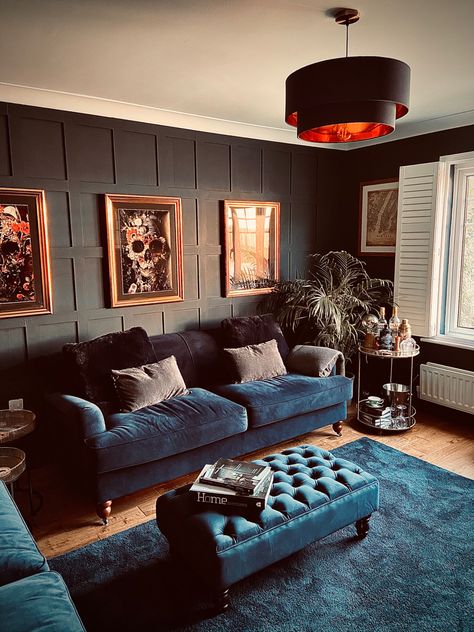 Hague blue living room with shaker style feature wall Navy Wall Panelling Living Room, Navy Teal Living Room, Moody Snug Room, Lounge Designs Home, Dark Snug Room, Dark Navy Living Room Walls, Dark Blue Sofas Living Room, Blue Hague Living Room, Navy Sofa Dark Walls