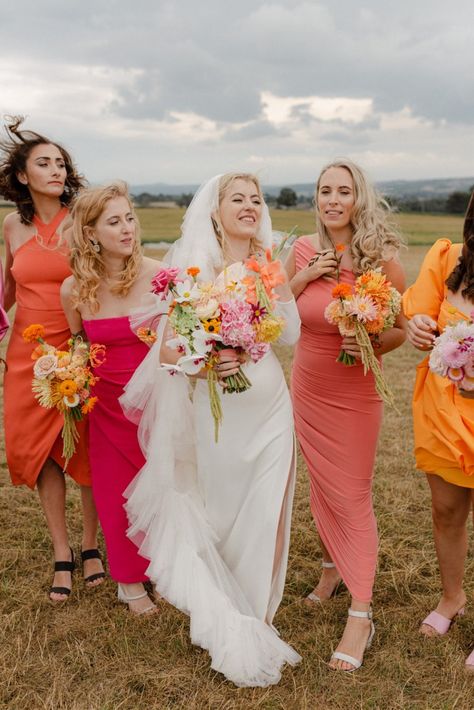 Sunset Colours Wedding, Garden Wedding Bridesmaid Dresses Color Schemes, Wedding Sunset Colors, Colourful Bridesmaid Dresses, Sunset Bridesmaid Dresses, Sunset Inspired Wedding, Bright Bridesmaid Dresses, Bridesmaid Dress Color Schemes, Summer Weddings Bridesmaids