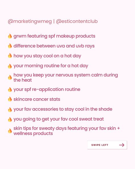 Keep your community members cool during this heatwave with these 10 fun post ideas! 🧊🧊 New to my content? Hi, I’m Meghan 🙋‍♀️the owner of Marketing with Meg. I help Estheticians grow an engaged community ready to book. Since 2021 the Etsi Content Club and Waxers Content Club have helped Estheticians and Waxing professionals everywhere create engaging content. My goal = save you hours of time and stress every every month. You got this Estis + Waxers! #esthetician #skincarecommunity #esthetic... Esthetician Instagram, Sweat Treats, Spf Makeup, Spa Owner, Engaging Content, Medical Spa, Post Ideas, Skin Tips, Every Month