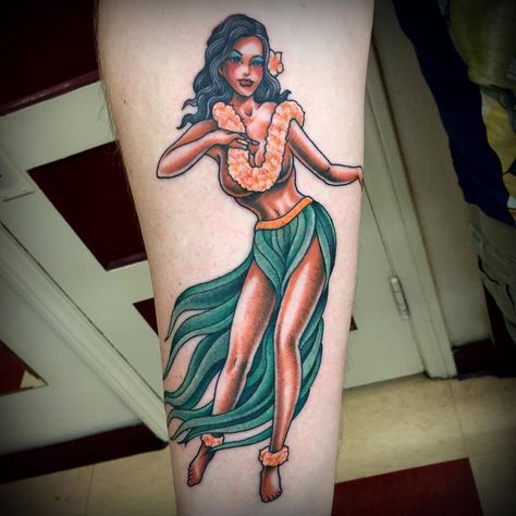 hula dance Hawaiian tattoo Traditional Hula Dancer Tattoo, Hawaiian Girl Tattoos, Hula Girl Tattoo, Hawaiian Tattoo Designs, Andrew Tattoo, Hula Girl Tattoos, Dancing Tattoo, Polynesian Tattoo Meanings, Hawaiian Flower Tattoos