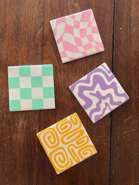 The Ultimate Guide to Crafting Beautiful Air Dry Clay Coasters Painted Coasters Square, Diy Coasters Painting, Coaster Art Paint, Funky Diy Home Decor, Cute Coaster Painting Ideas, Square Coaster Painting Ideas, Painted Coaster Ideas, Ceramic Coaster Ideas, Clay Coaster Ideas