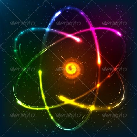 Shining neon rainbow colors atom model, vector illustration Neon Atom, Personal Logo Inspiration, Atom Model, Element Project, Science Images, Stem Projects, Space Pictures, Graphic Design Background Templates, Neon Rainbow